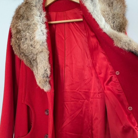 Vintage 50s 60s Red Wool Double Breasted Coat with Rabbit Fur Collar, xs / small - Picture 9 of 10